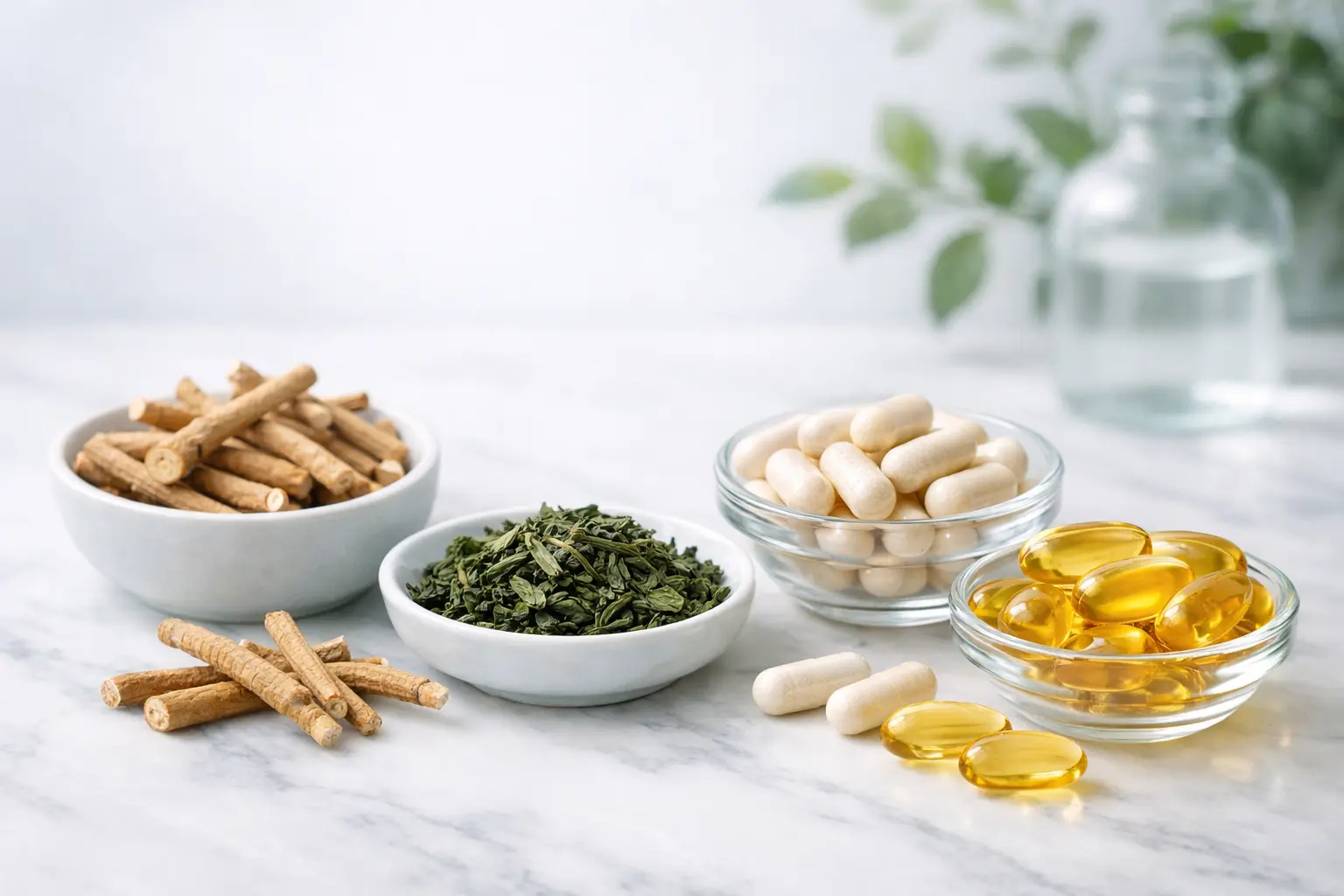 Natural supplements for anxiety including ashwagandha root, magnesium supplements, and calming herbs on a peaceful background