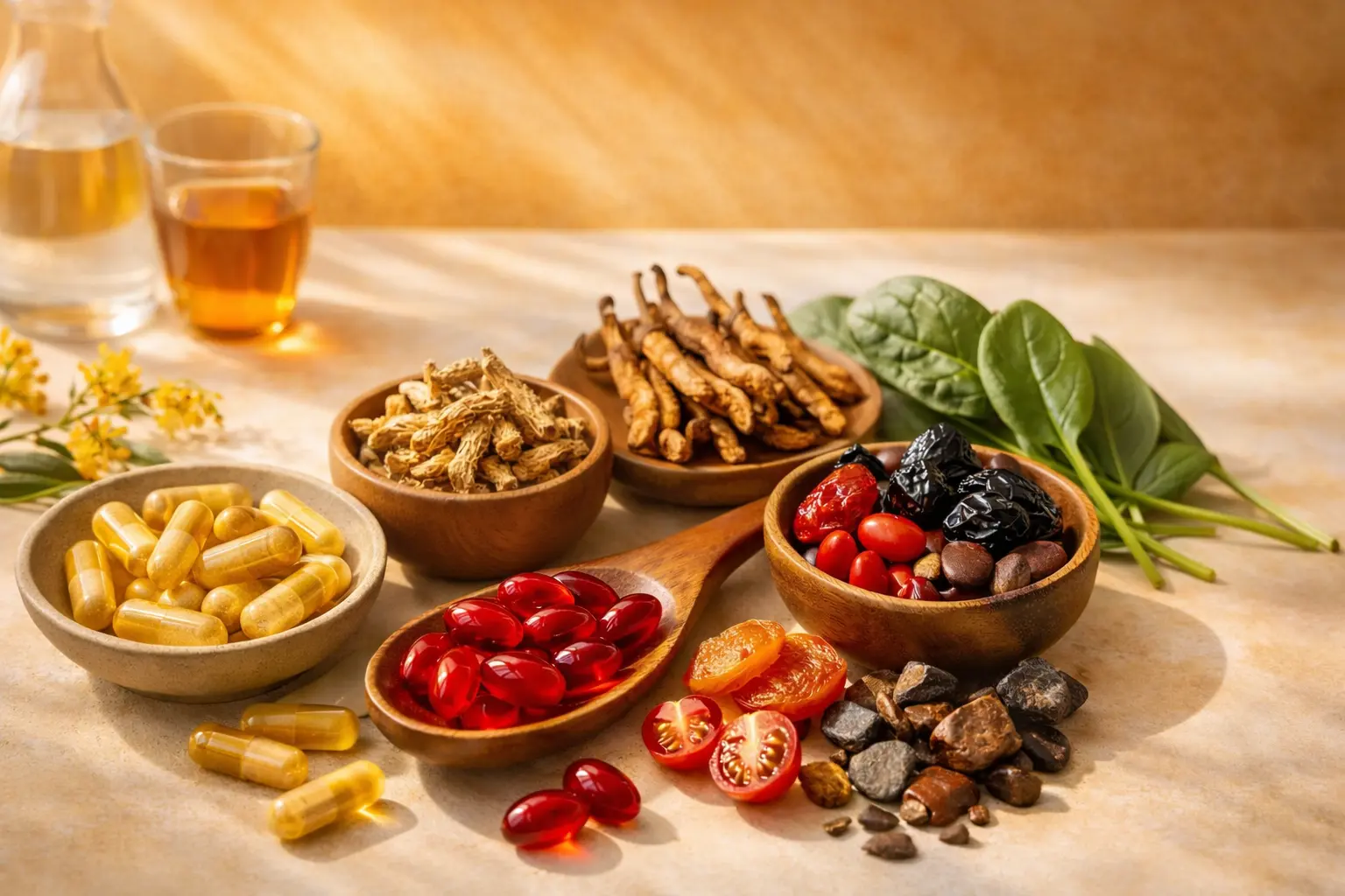 Natural supplements for energy including capsules, herbs, and nutrient-rich ingredients arranged on a bright background