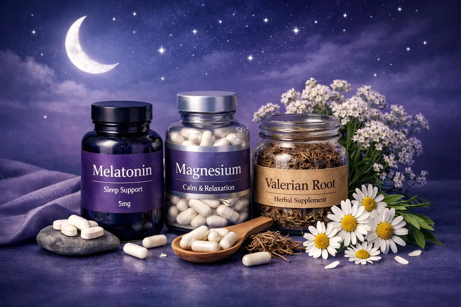 Natural supplements for sleep including melatonin, magnesium, and calming herbs on a peaceful nighttime background